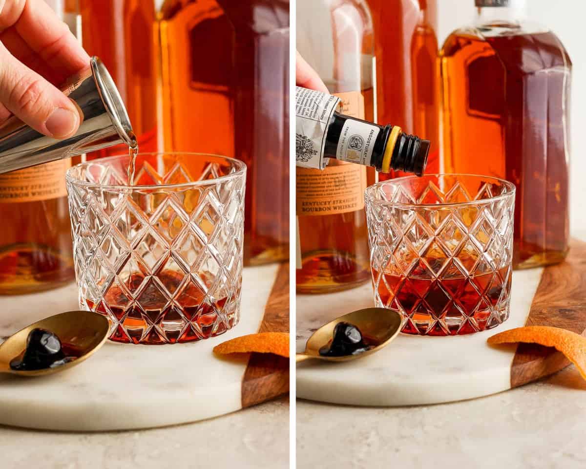 Two images showing the simple syrup being added and the bitters.