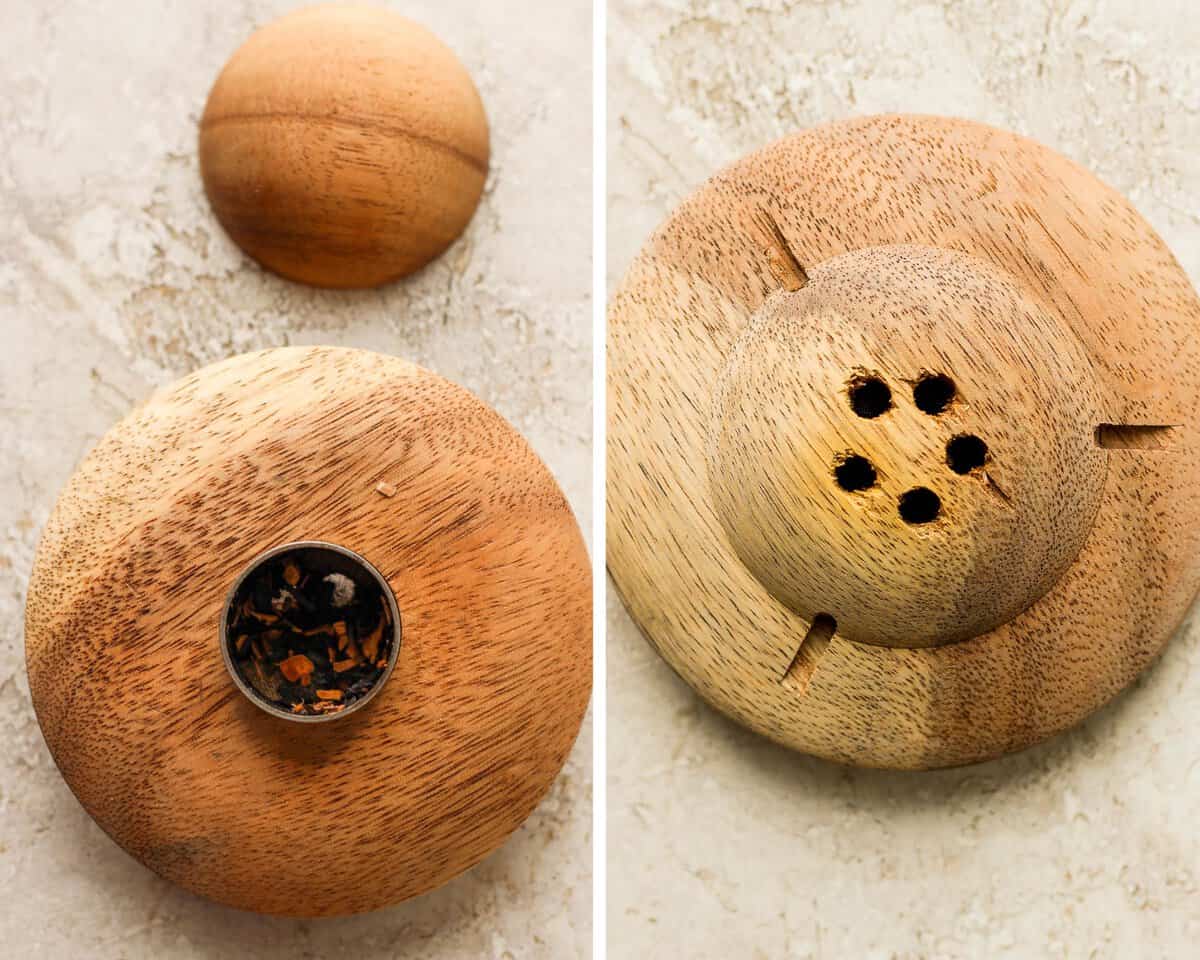 Two images showing the wood chips in the smoker and the holes on the bottom.