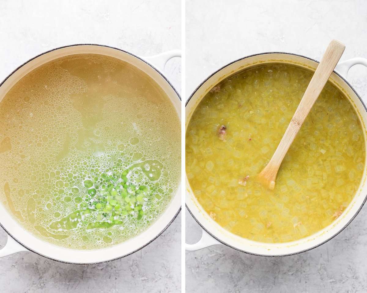 Side by side picture of a dutch oven with split peas simmer and after they have cooked a while. 