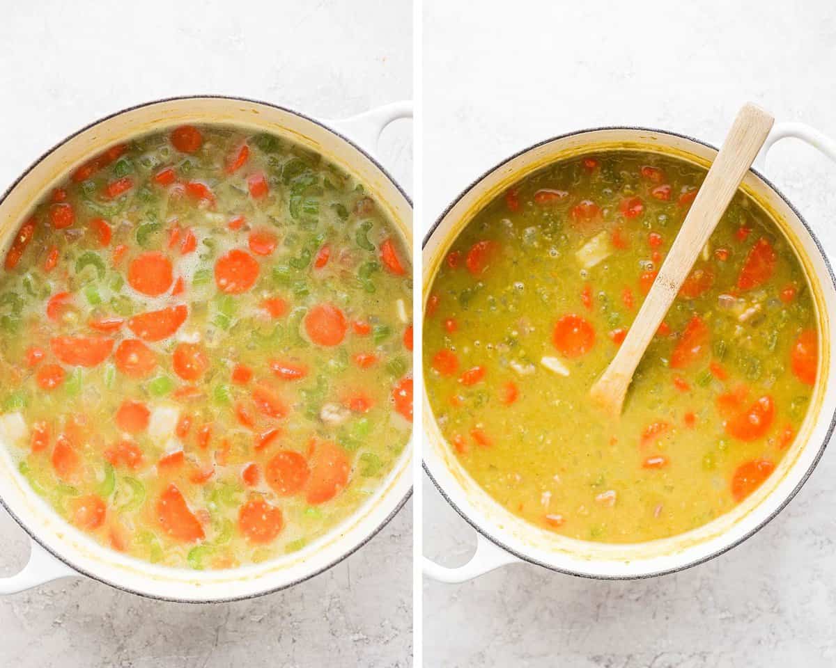 Side by side pictures of a dutch oven before and after carrots and celery have been cooked.