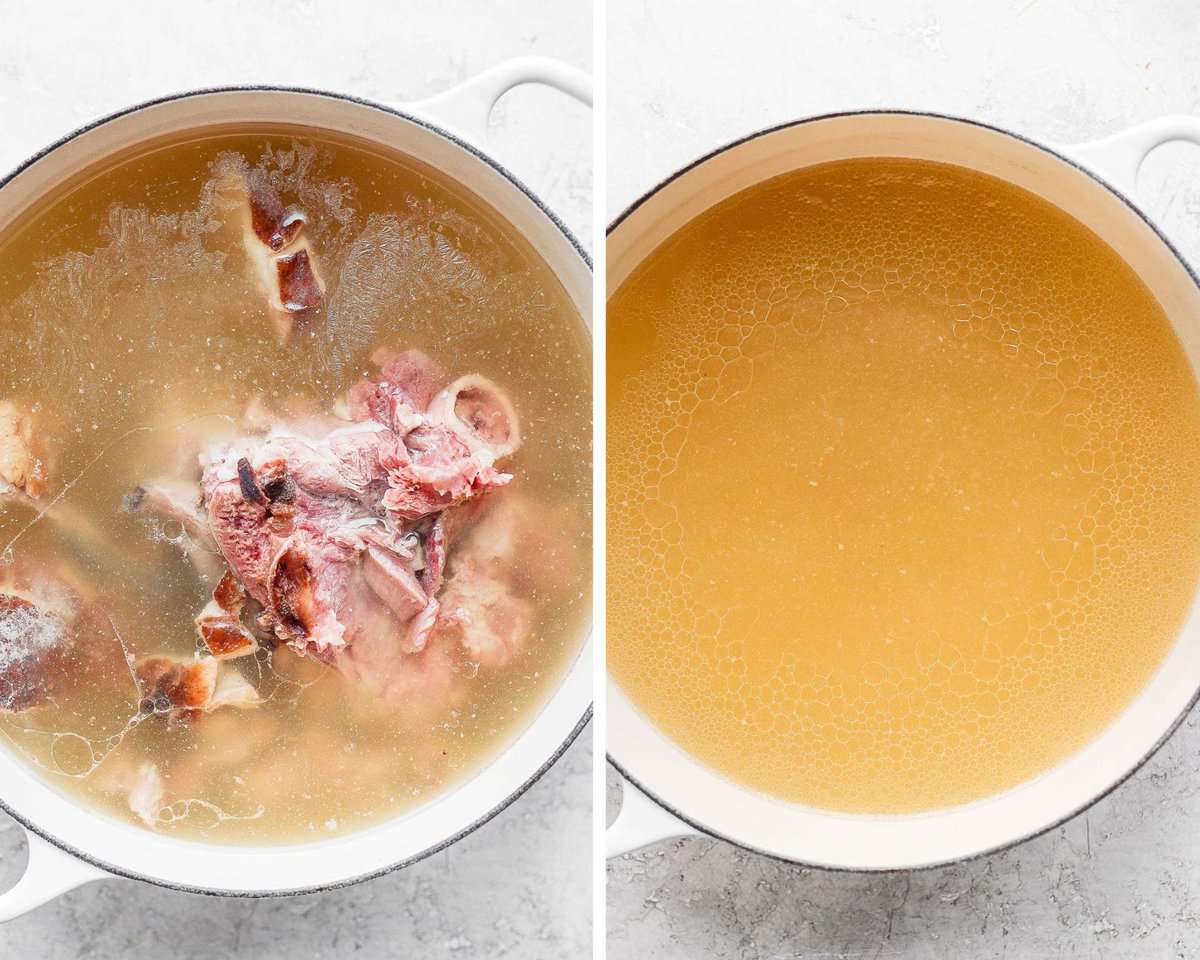 Side by side picture of a dutch oven with a ham bone simmering and after it has been taken out of the broth.