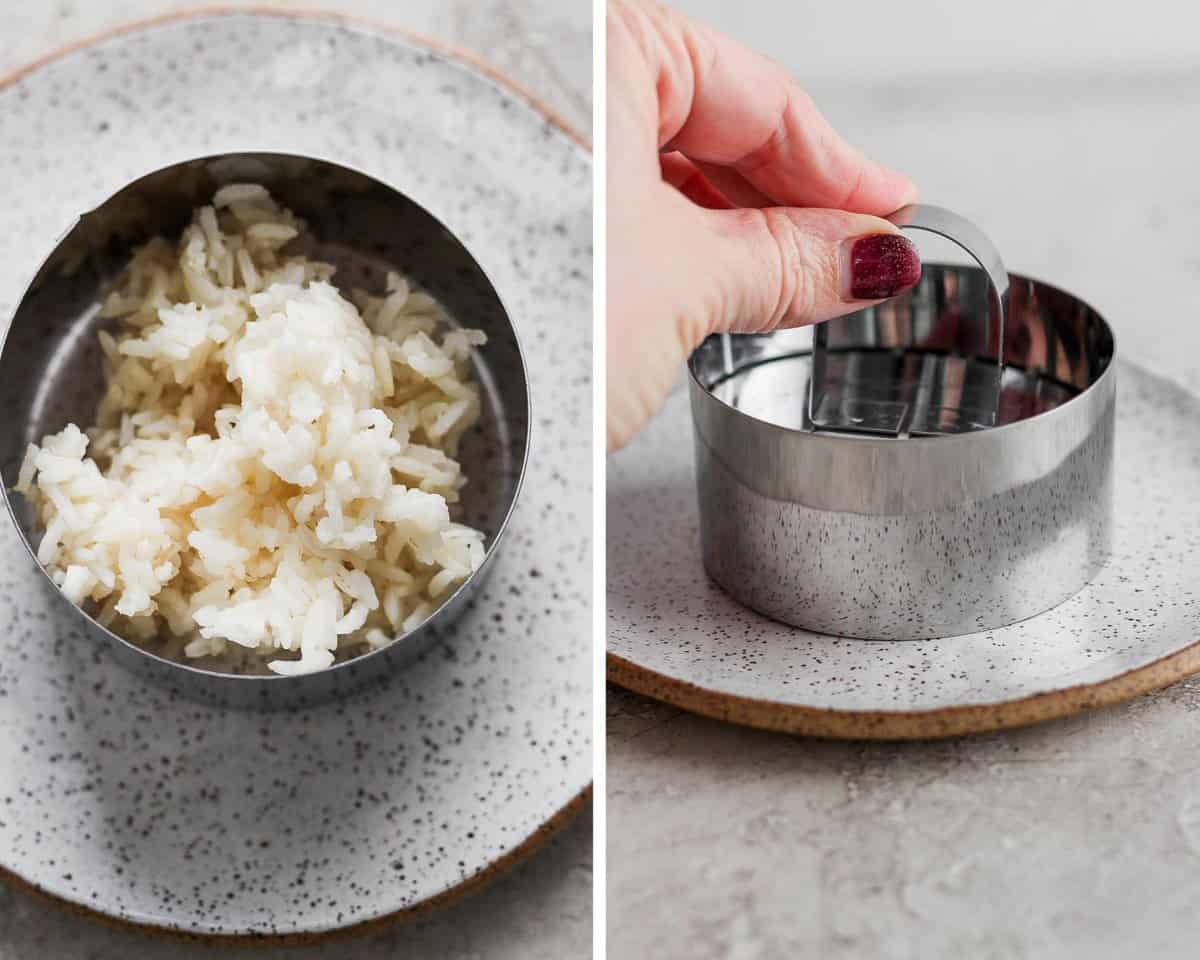 Two images showing a ring mold on a plate with rice in it and then the pusher pushing it down.