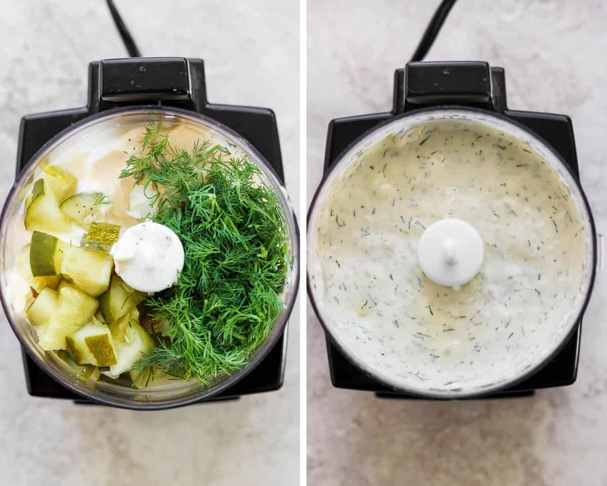Two images showing the ingredients for tartar sauce in a food processor before blending and after.