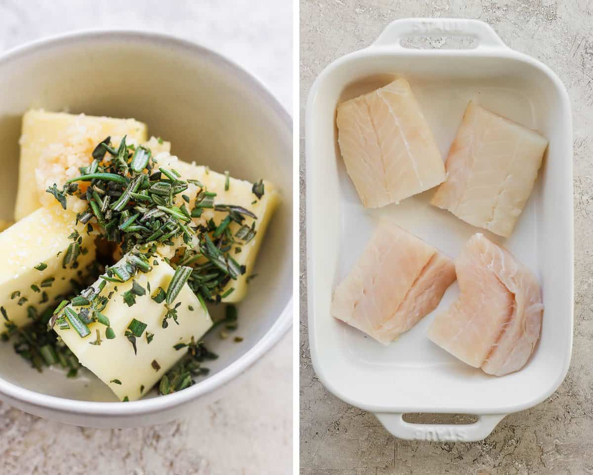 Two images showing the herbed garlic butter in a small bowl and cod fillets in a white baking dish.