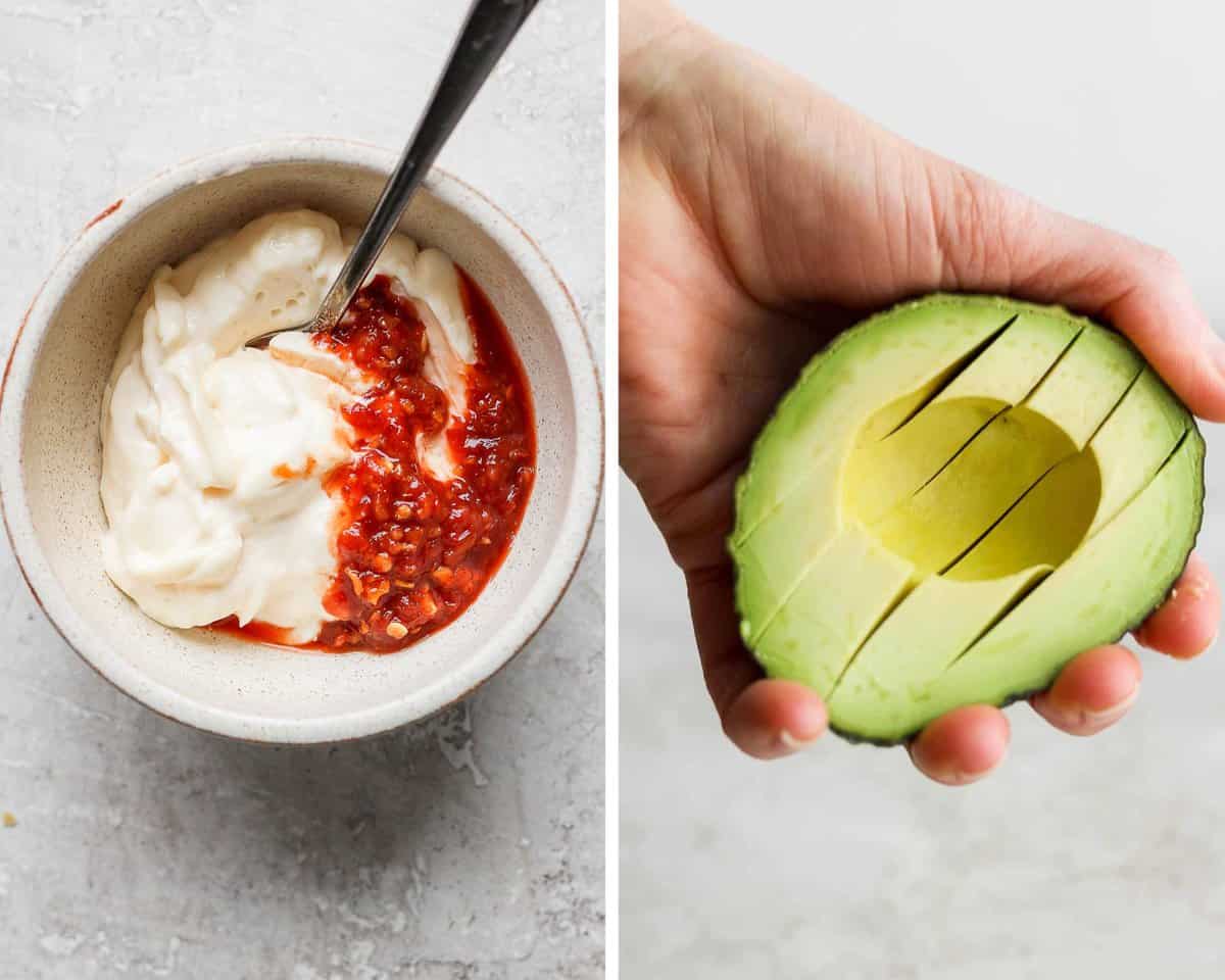 A small bowl with mayo and chili garlic sauce and half of a avocado sliced.