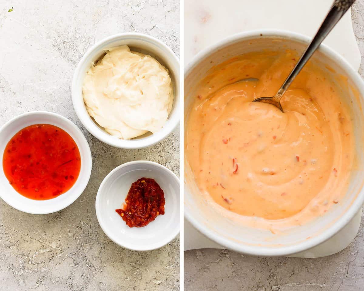 Individual bowls of mayo, chili garlic sauce, and thai sweet chili sauce. A bowl with all three ingredients mixed together.