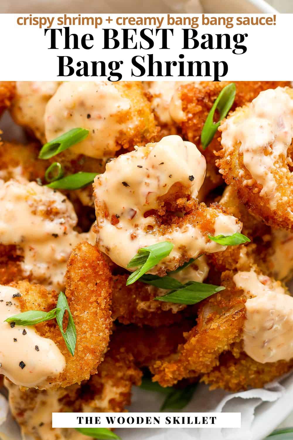 Pinterest image for bang bang shrimp with text overlay on top of a picture of a bowl of shrimp.