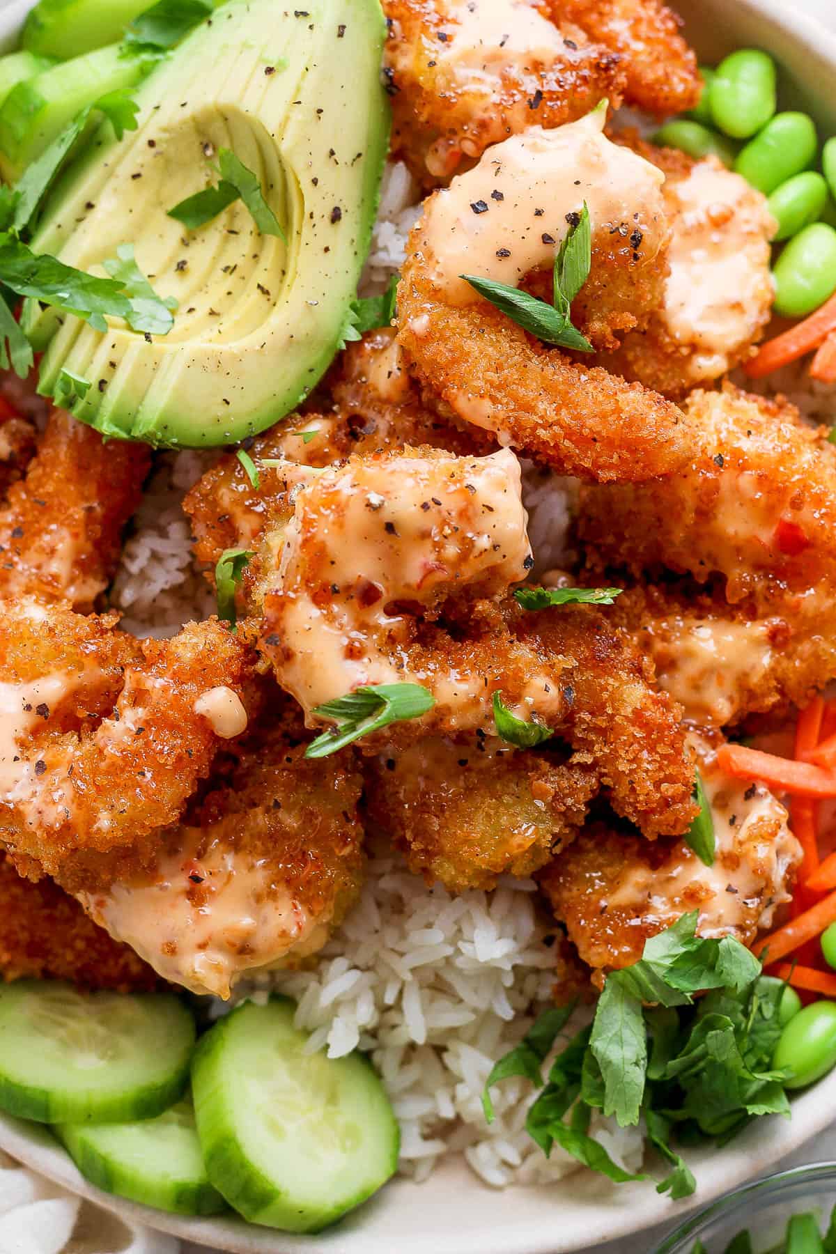 The best recipe for a bang bang shrimp rice bowl.
