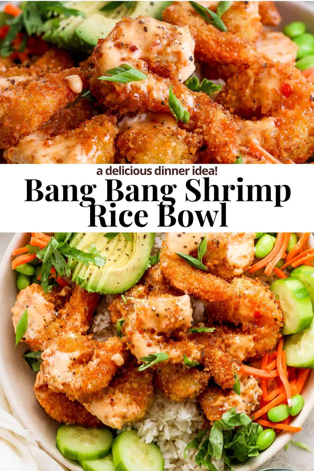 Pinterest image for bang bang shrimp rice bowls.