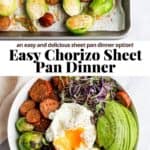 Pinterest image for chorizo sheet pan dinner.