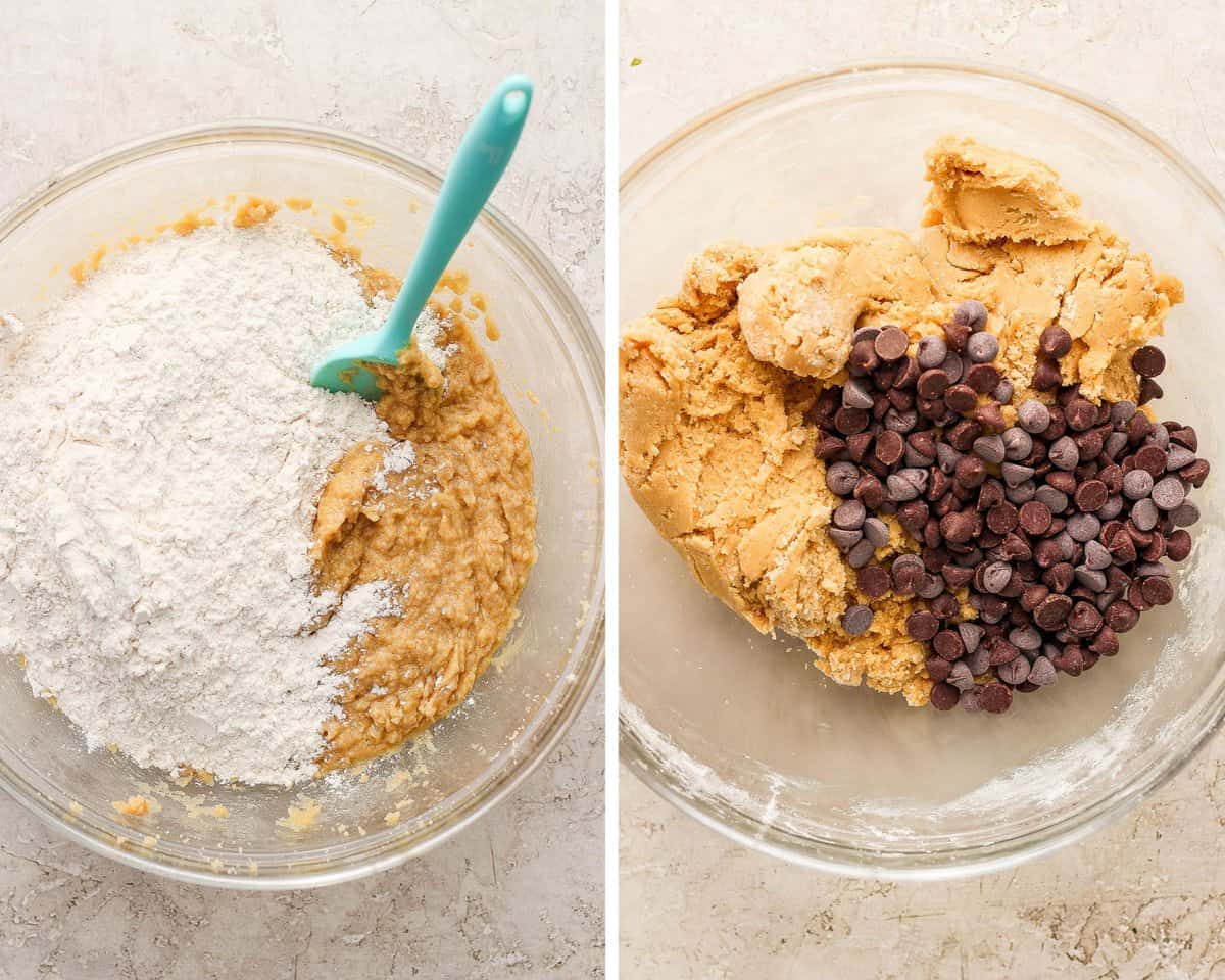 Two images showing the dry ingredients added to the bowl and then the chocolate chips added.