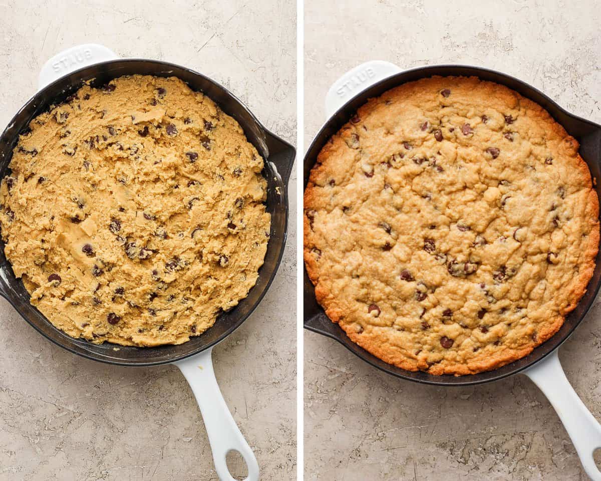 Two images showing the cookie dough pressed into the skillet before cooking and then after cooking.