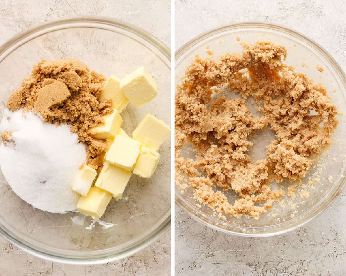 Two images showing the sugars and butter in a glass bowl and then beaten together.