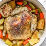 The best recipe for a dutch oven whole chicken dinner.