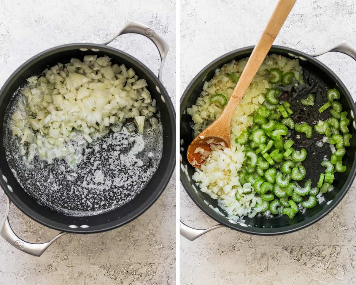 Two images showing the onions sautéing in butter and then the celery added to the pot after cooking the garlic in the middle.