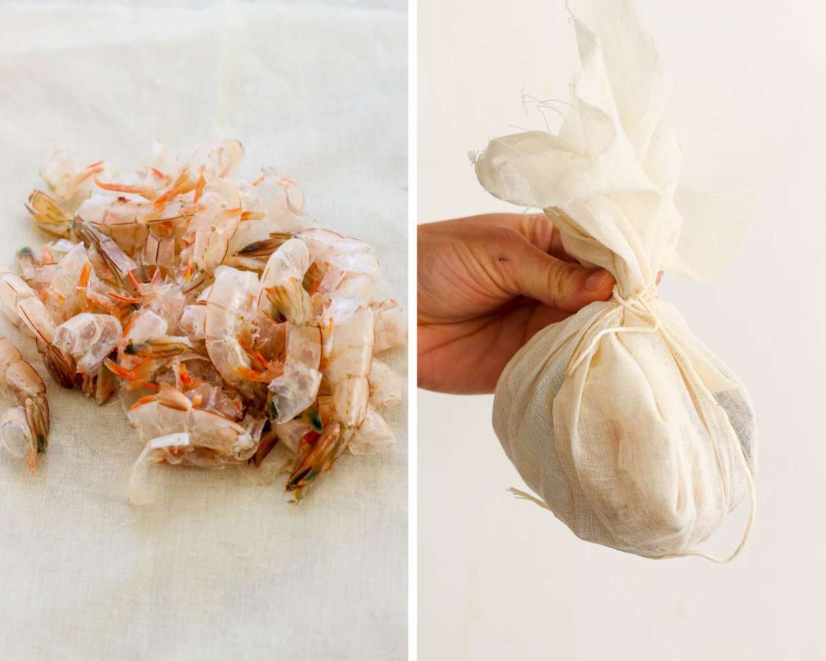 Two images showing the shrimp shells and then the shells tied into a pouch of cheesecloth.