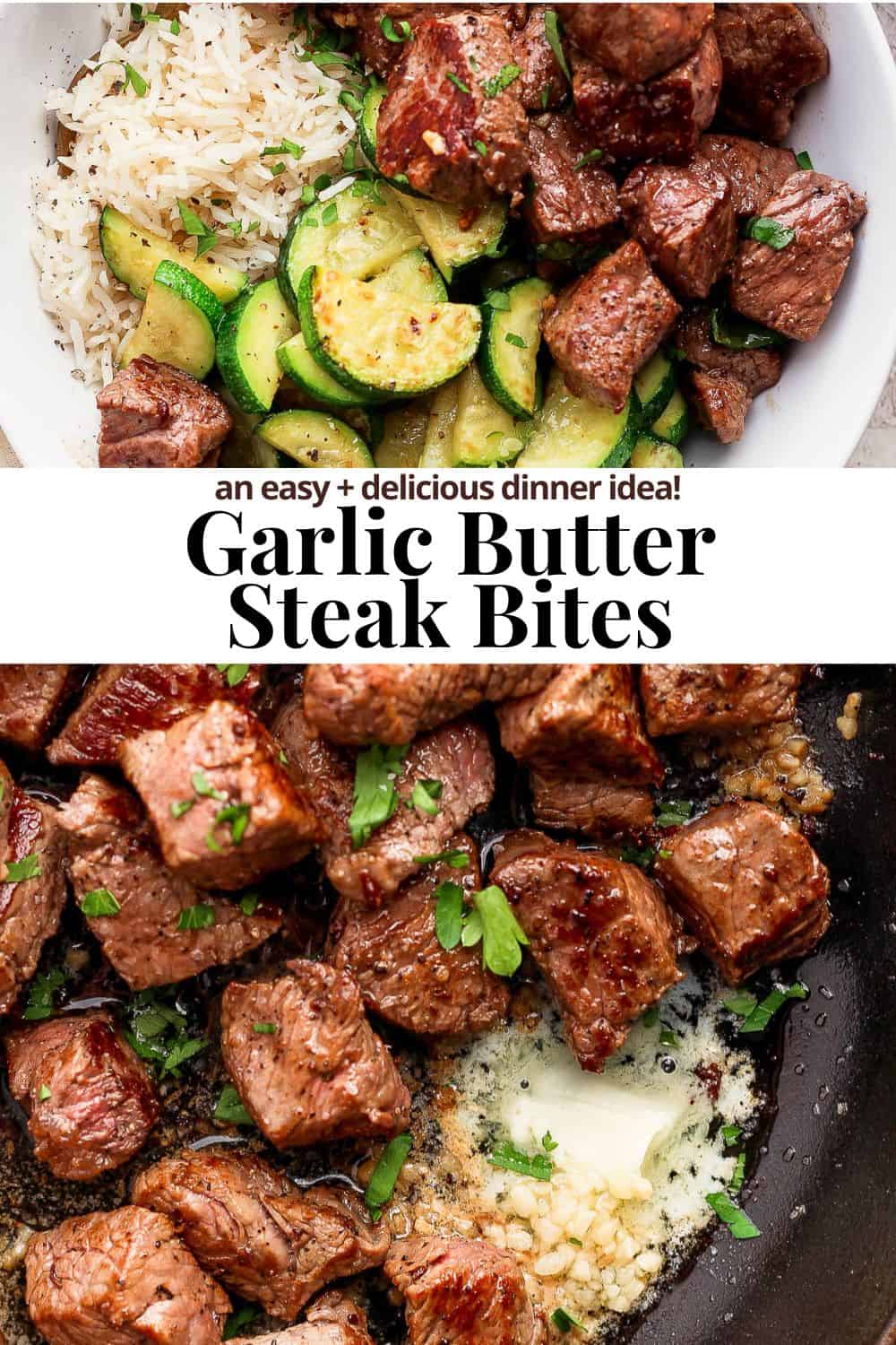 Pinterest image for garlic butter steak bites.