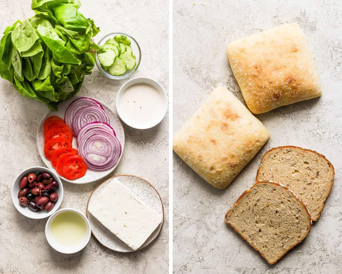 Two images showing the fresh ingredients and the bread options for this sandwich.