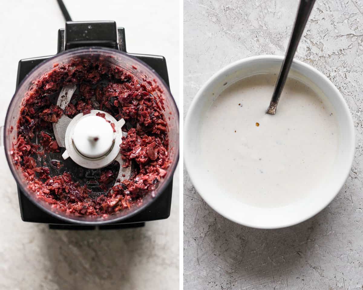 Two images showing the olive tapenade in a food processor and the greek aioli in a white bowl.