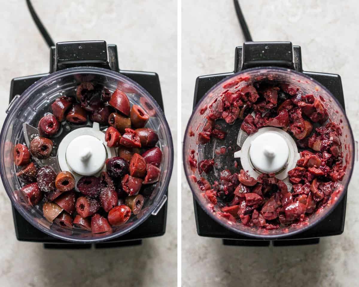 Two images showing the olives, oil, lemon juice, and salt in a food processor before pulsing and after.