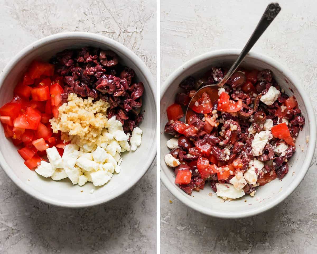 Two images showing the olive mixture in a bowl with the tomatoes, garlic, and feta cheese before mixing and after.