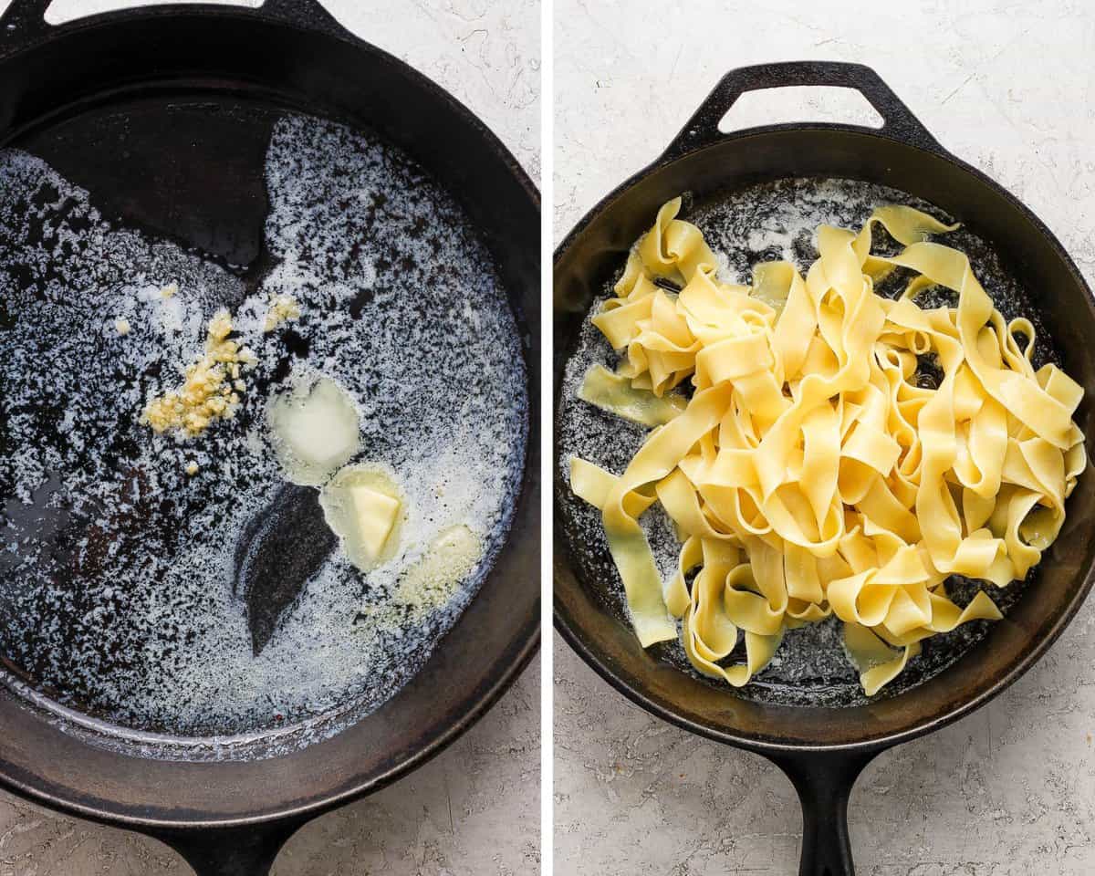 Two images showing melted butter and garlic in a skillet and then with the noodles added.
