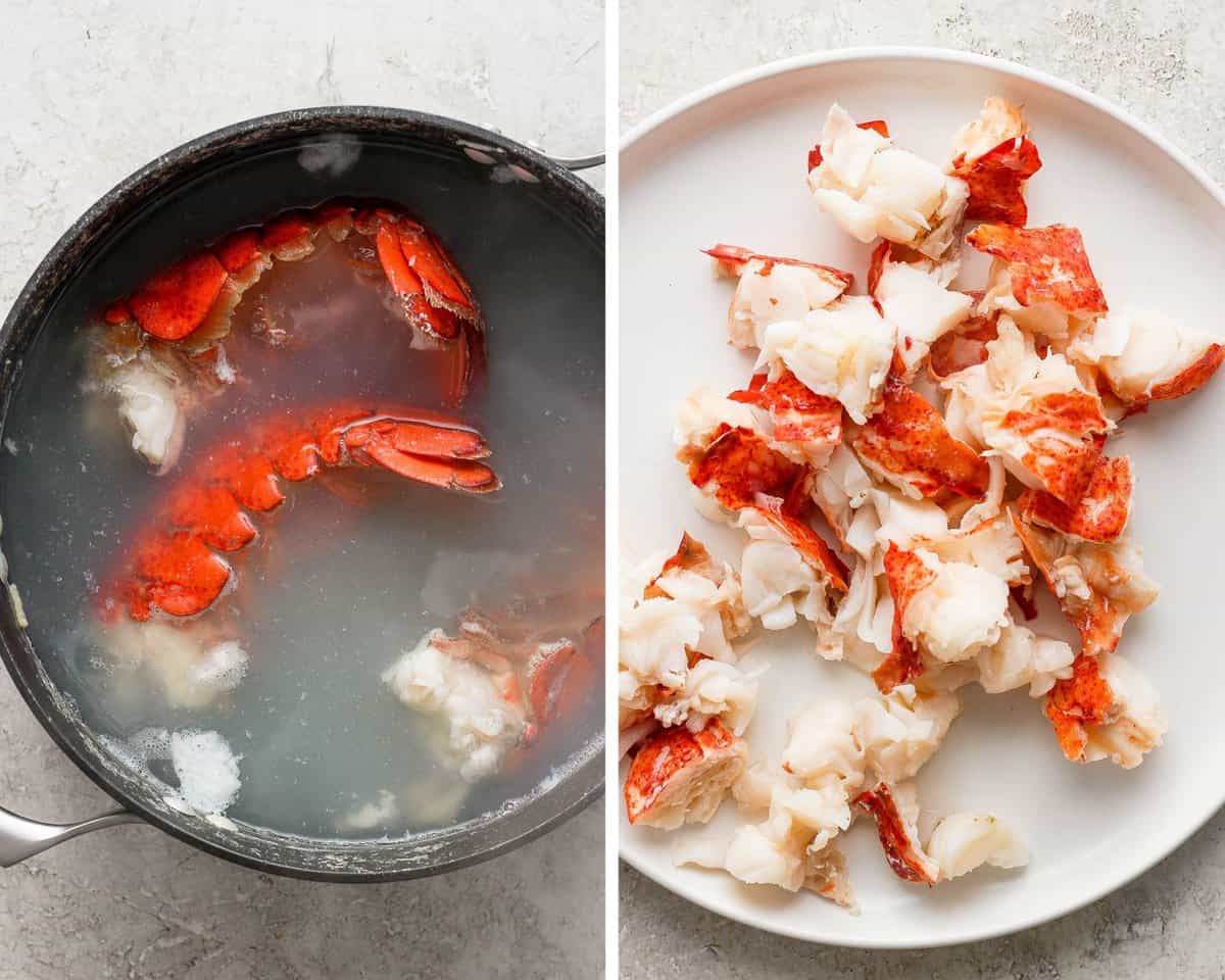 Two images showing the lobster tails boiling in water and then the meat cut into pieces on a plate.