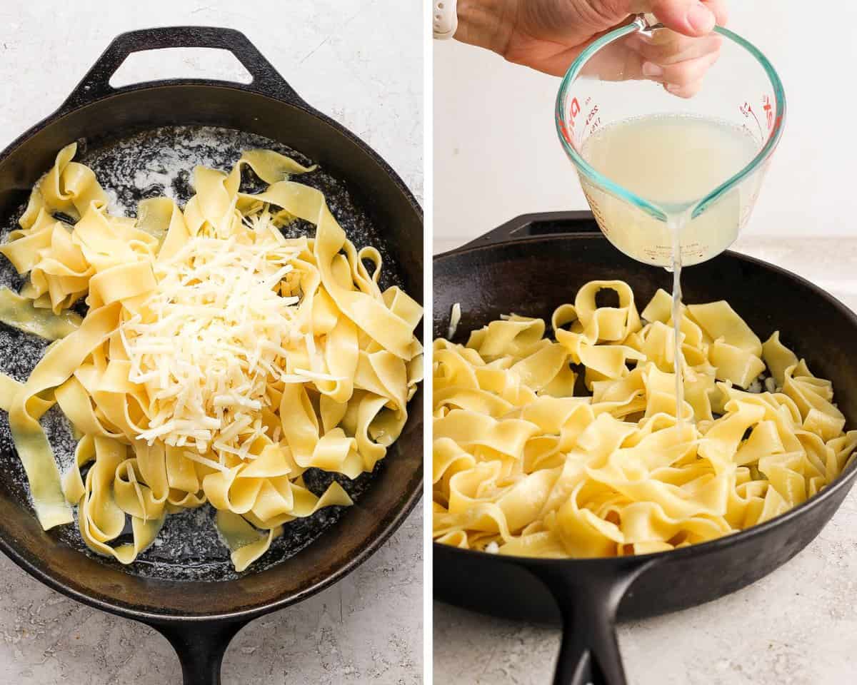 Two images showing the parmesan added to the pan and then some pasta water being poured in.