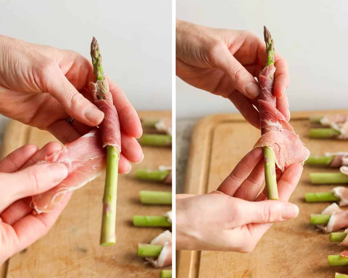 Two images showing one spear of asparagus being wrapped in prosciutto.