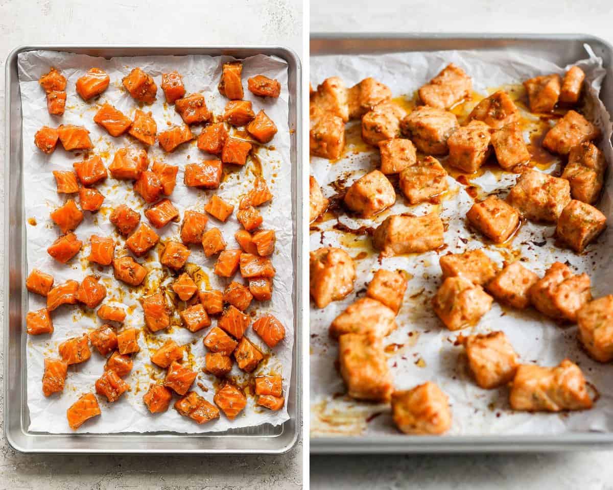 Two images showing the marinated salmon on a parchment-lined baking sheet before and after baking.