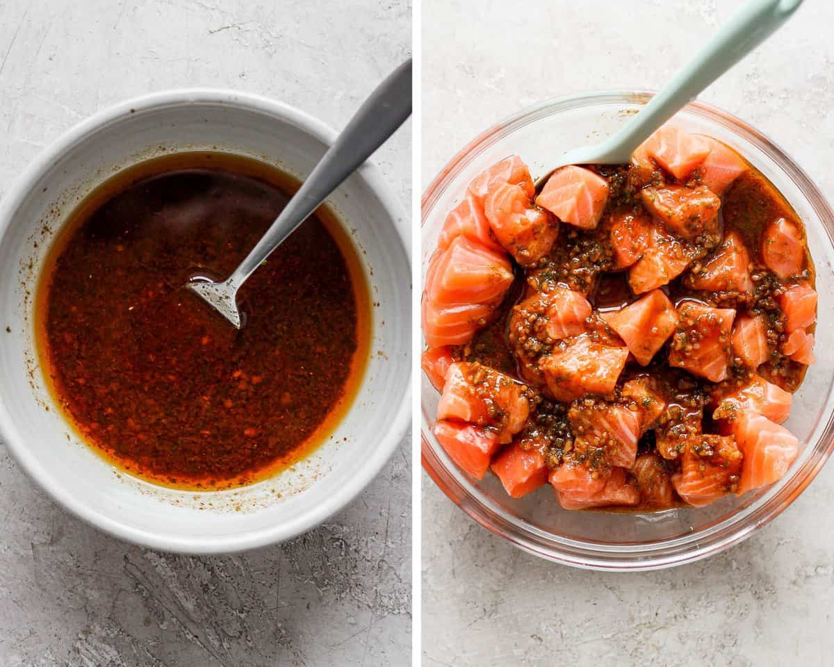Two images showing the marinade in a white bowl and then poured on the salmon in a glass bowl.