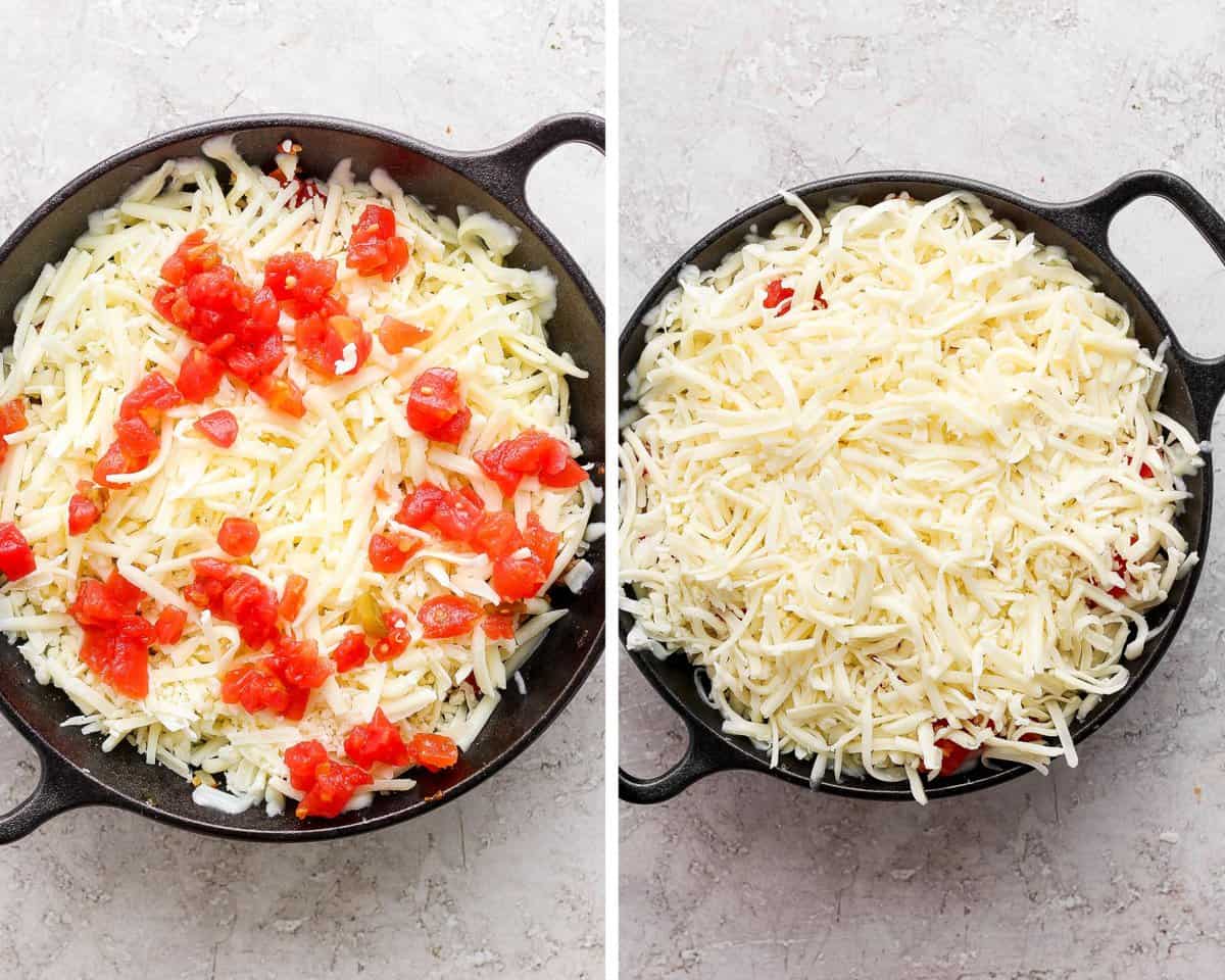 Two images showing half the shredded cheese added to the pan with some of the canned tomatoes and then with all the cheese layered on top.