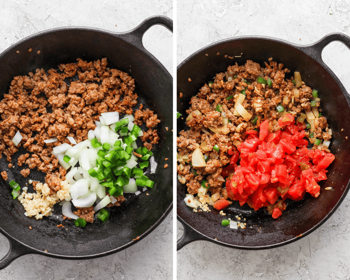 Two images showing the cooked chorizo with onion, jalapeno, and garlic added and then half the tomatoes added to the pan.
