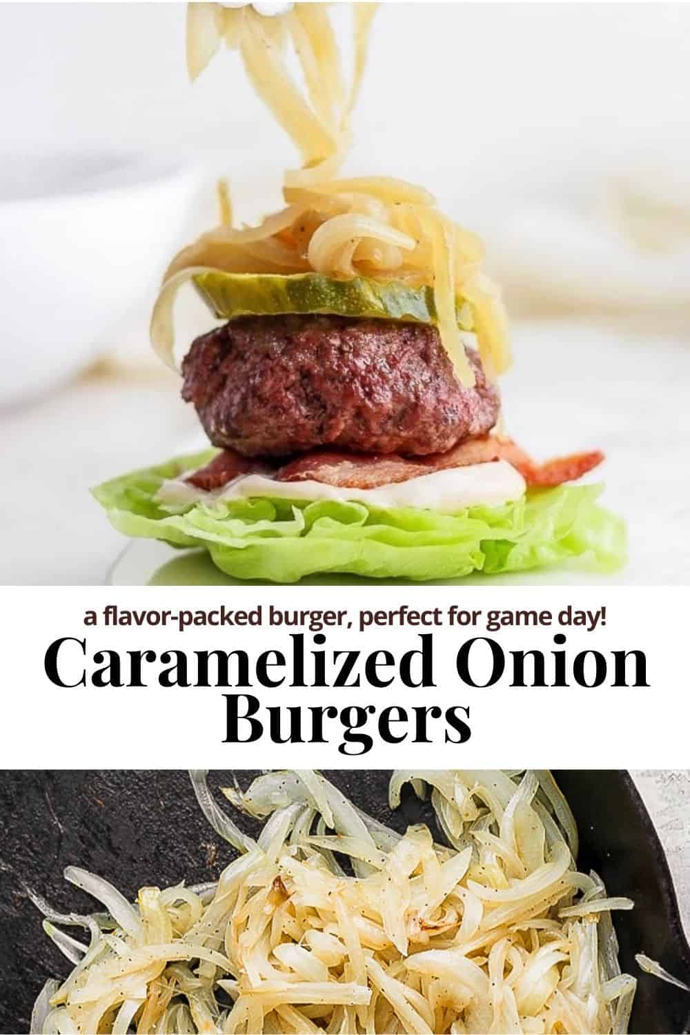 Pinterest image for caramelized onion burgers.