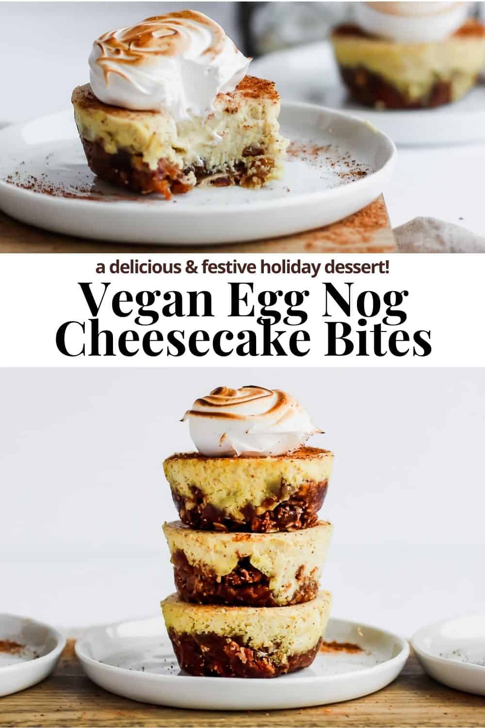 Pinterest image for egg nog cheesecake bites.