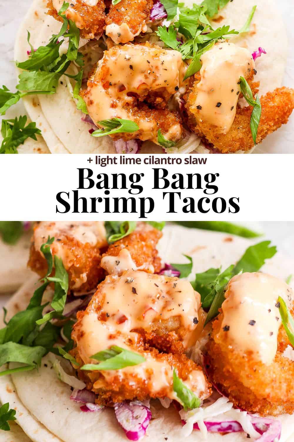 Pinterest image for bang bang shrimp tacos.