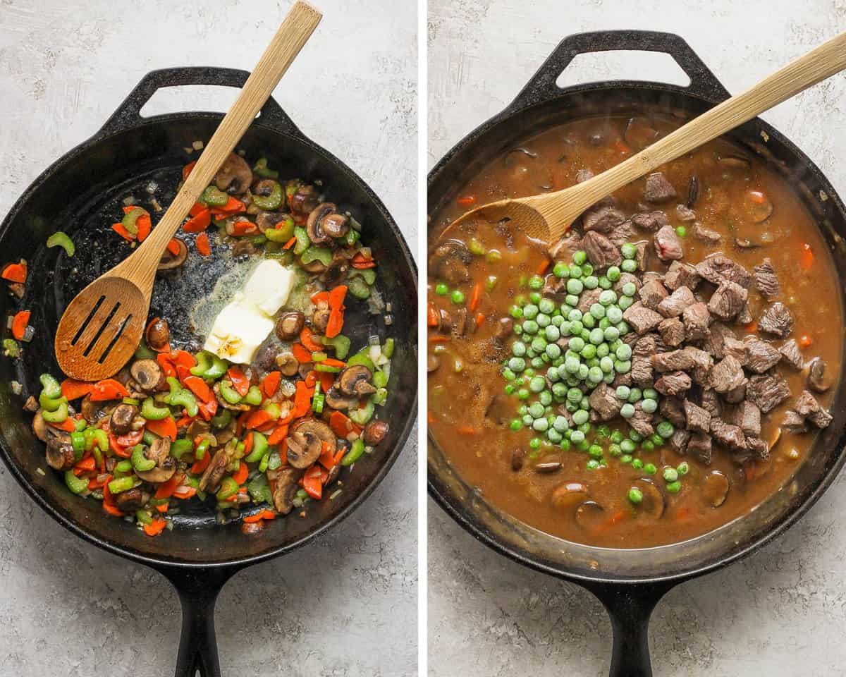 More butter added to the skillet with veggies.  Then another image of the same skillet with beef broth, beer, beef bouillon, soy sauce, worestershire, tomato paste, frozen peas, and seared beef added in.