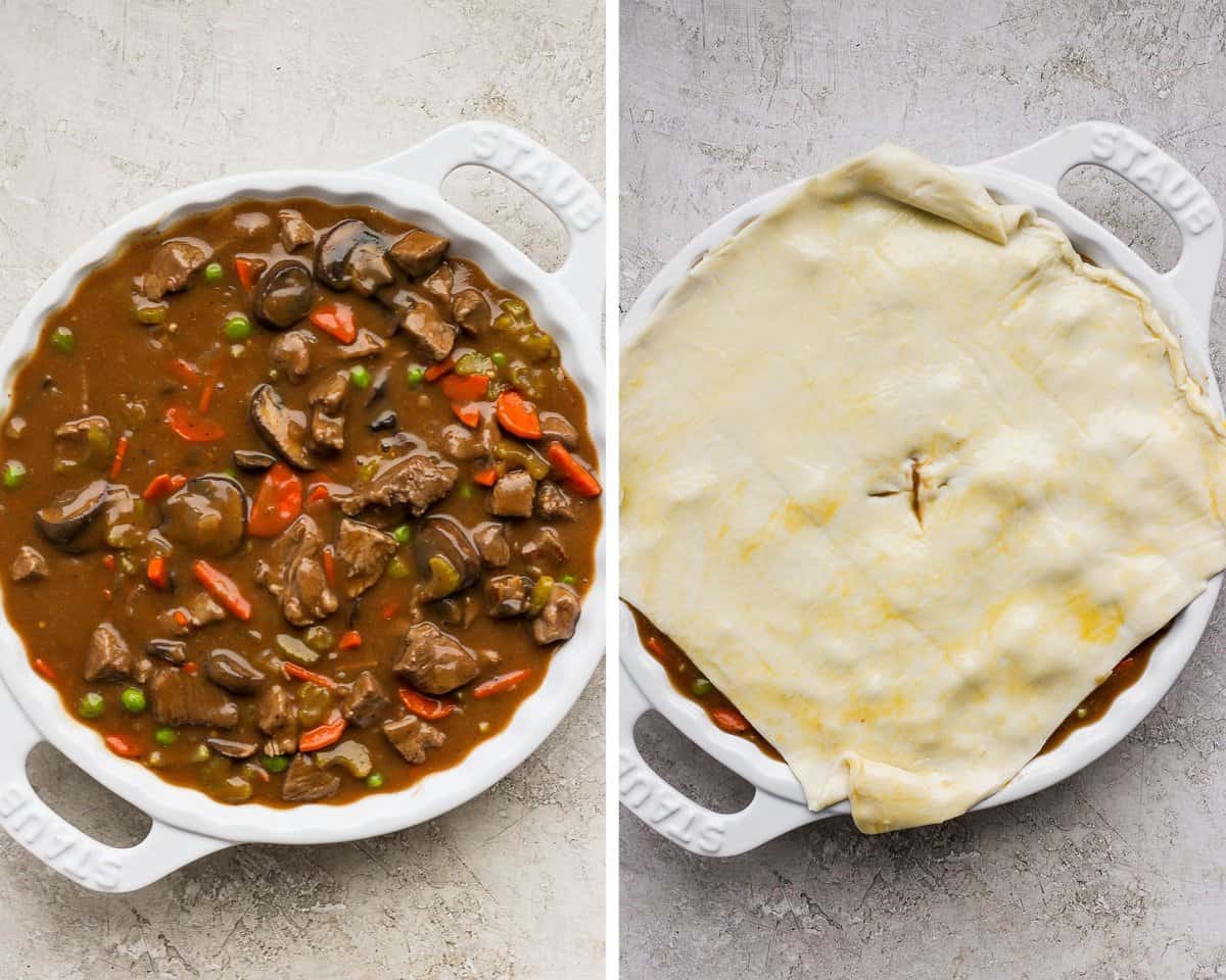 Beef mixture added to a staub pie dish topped with puff pastry with slits made in the top.