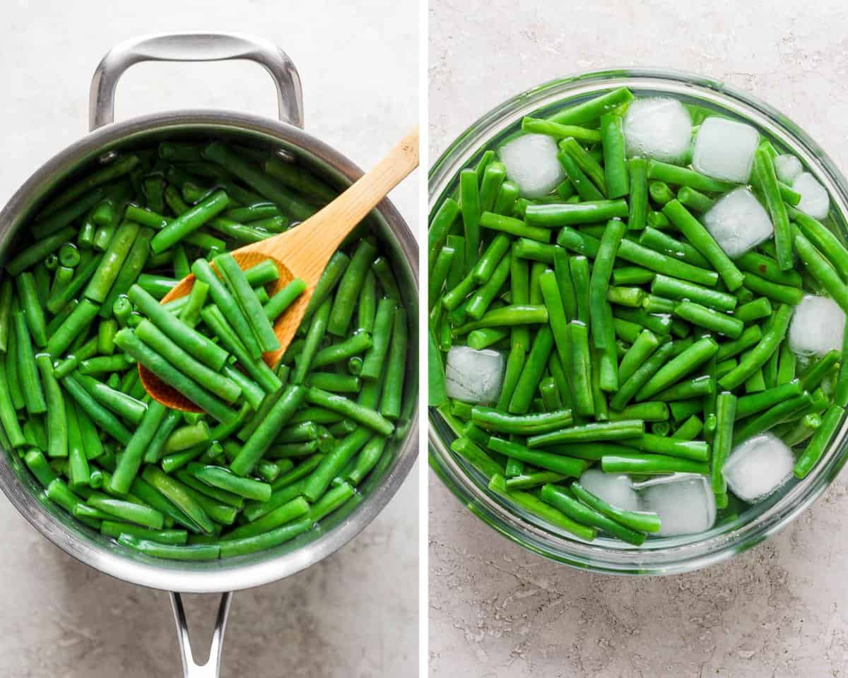 Two images showing green beans simmering in a hot pot and then in the ice bath.