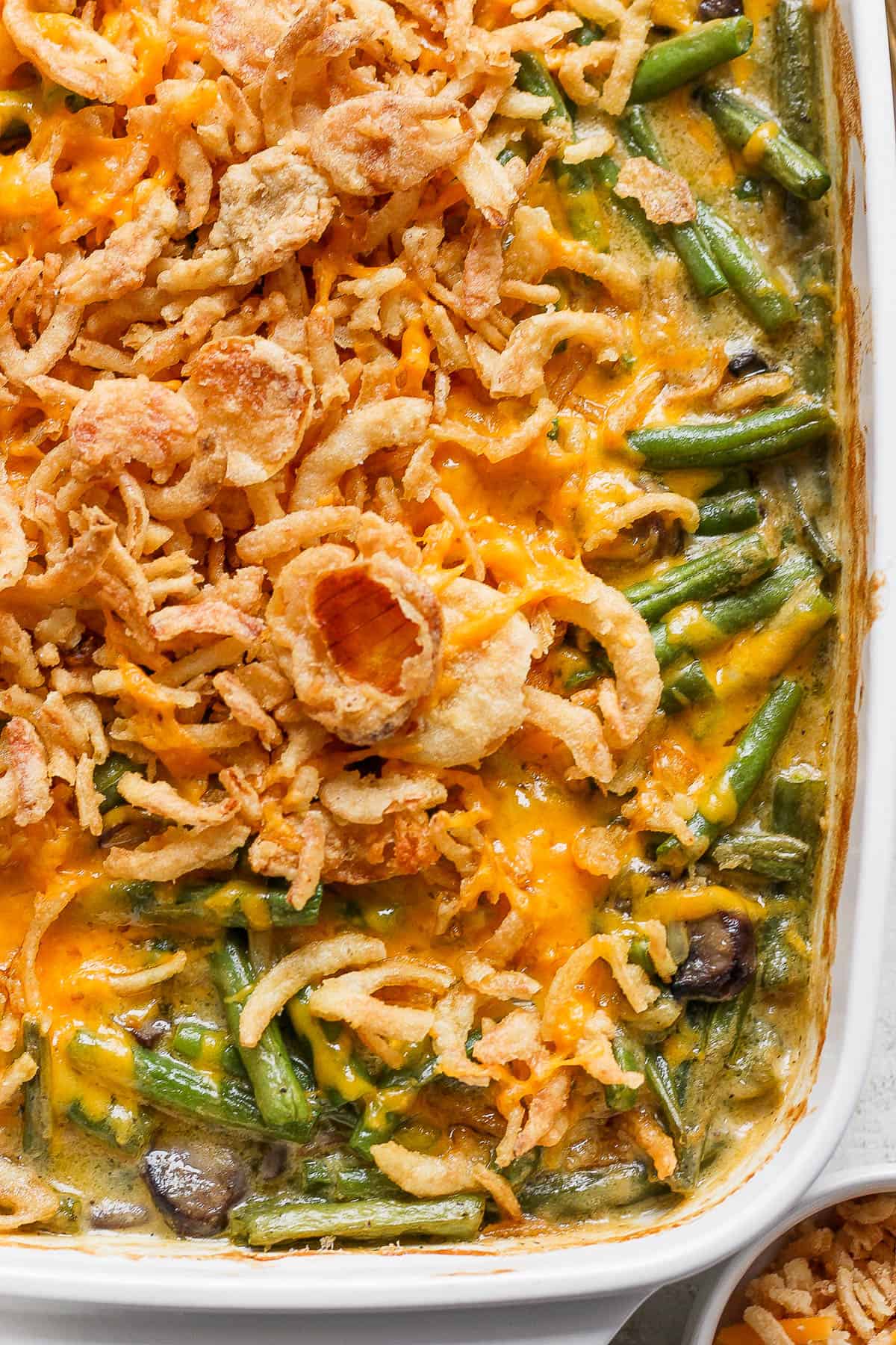 The best recipe for a cheesy green bean casserole.