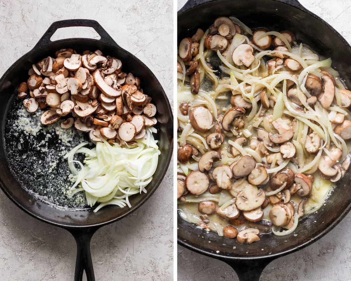 Two images showing the onions and mushrooms being added to the skillet and then after they have cooked for a few minutes.