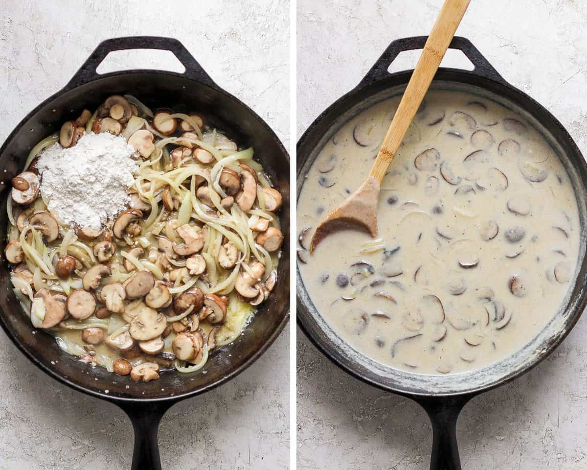 Two images showing the flour added to the pan and then after the broth and cream have been whisked in.