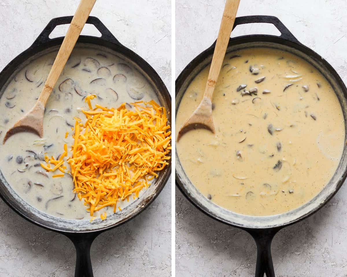 Two images showing the shredded cheese added to the pan and then fully mixed and melted in.