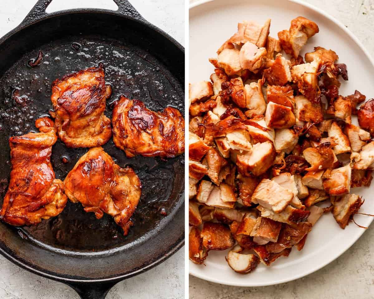 Marinated chicken thighs cooking on cast iron skillet and then chopped into bite sized pieces on a plate.