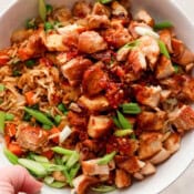 Top down shot of someone holding a bowl of chicken fried rice with green onions on top.