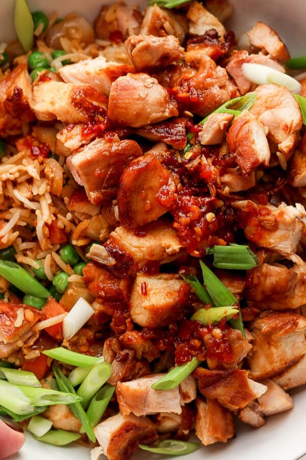 Top down shot of someone holding a bowl of chicken fried rice with green onions on top.