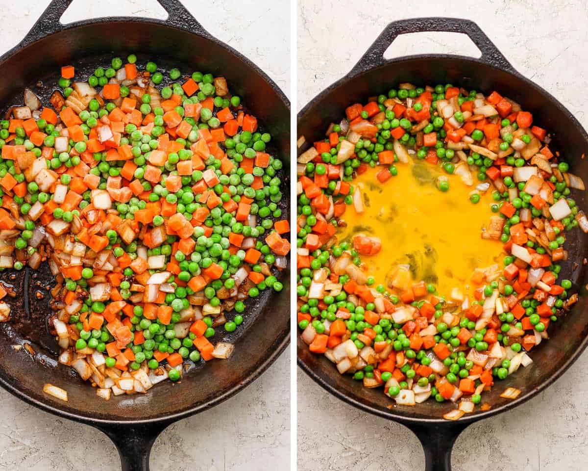 veggies cooking in a cast iron skillet.  Then topped with two eggs that have been beaten.