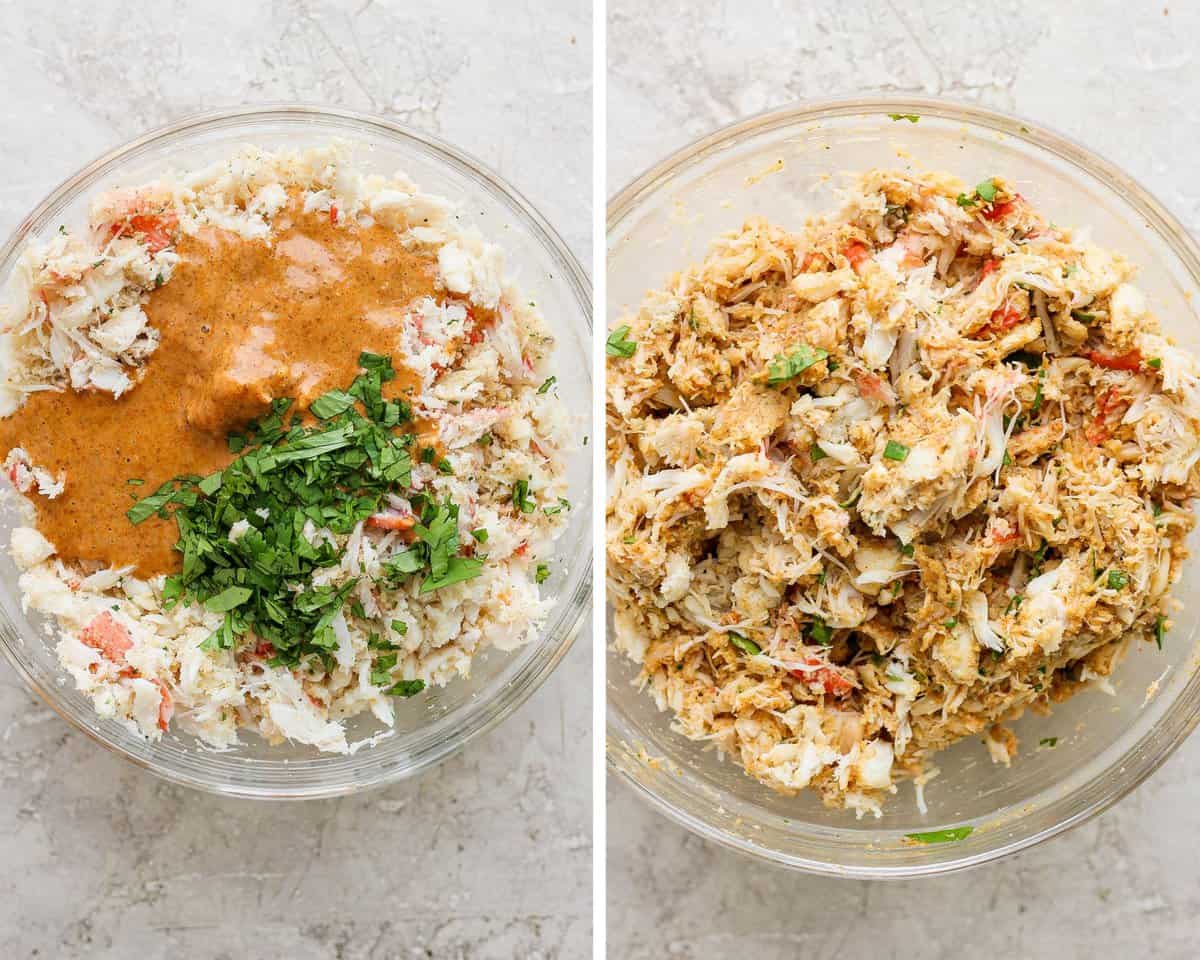 Two images showing the egg mixture added to the crab and then everything mixed together.