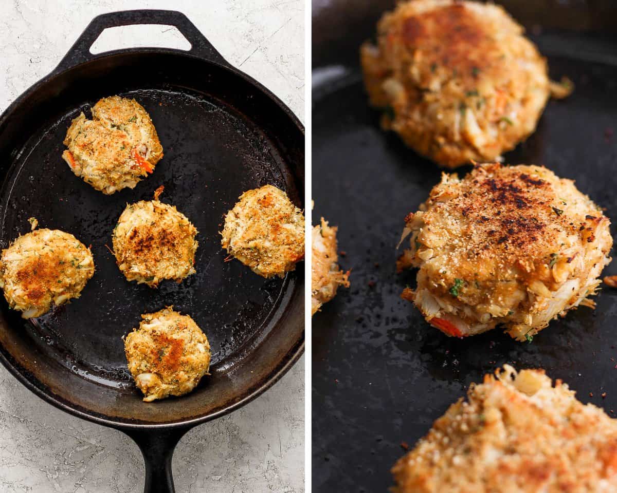 Two images showing the crab cakes searing in a cast iron skillet.