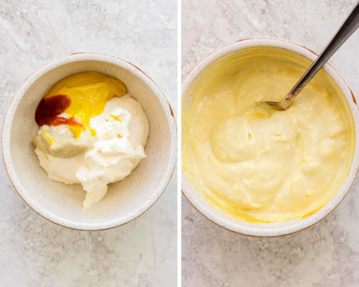 Two images showing the spicy mustard ingredients in a bowl and then mixed together.